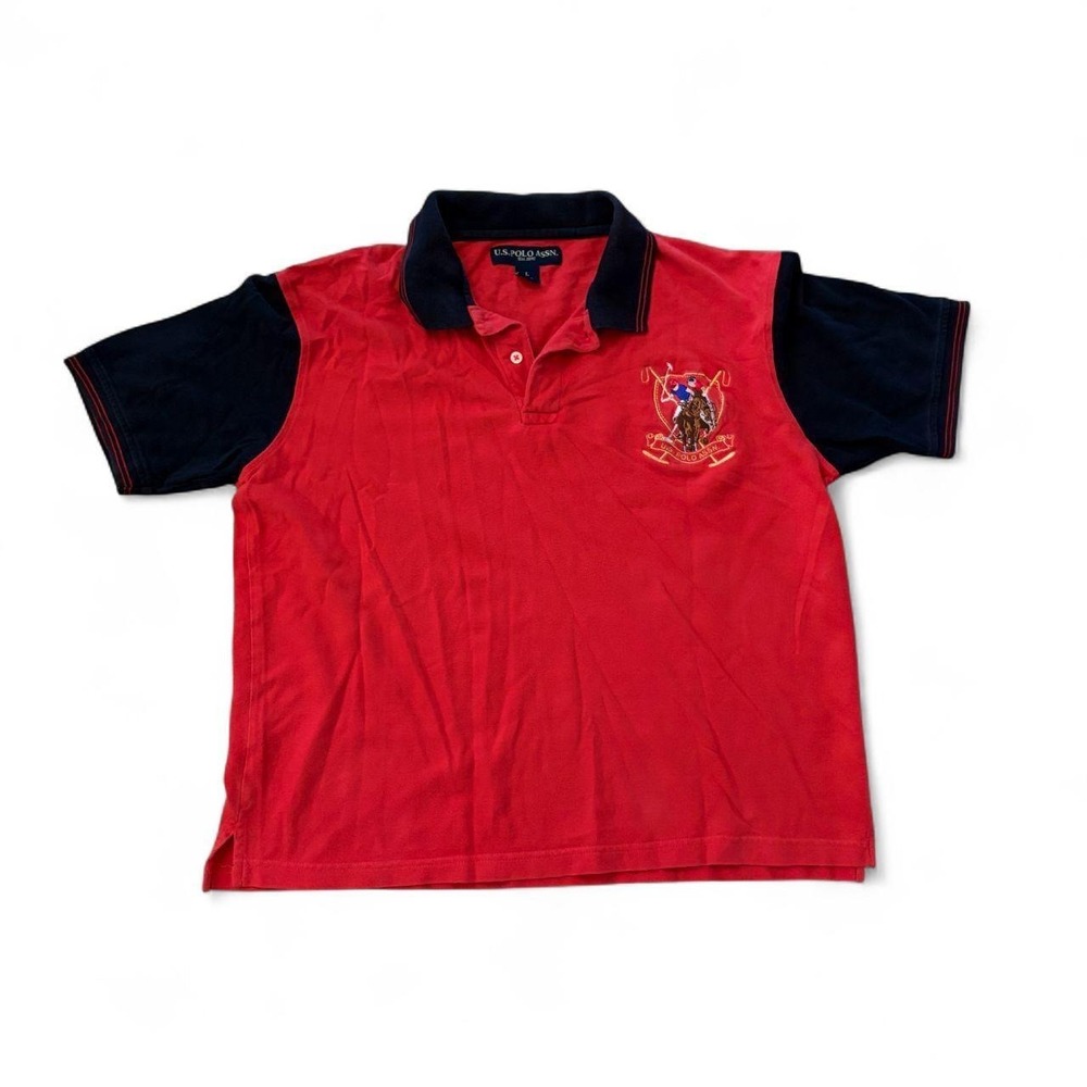 US Polo Assn Mens Red Navy Colorblock Embroidered Crest Polo Shirt Large
